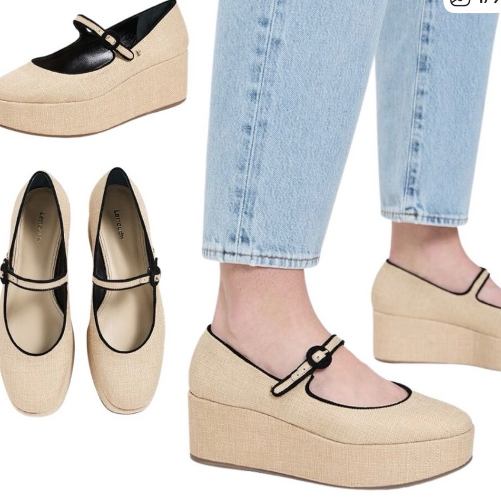 Larroude Beige Platform Mary Jane Wedges with Black Trim